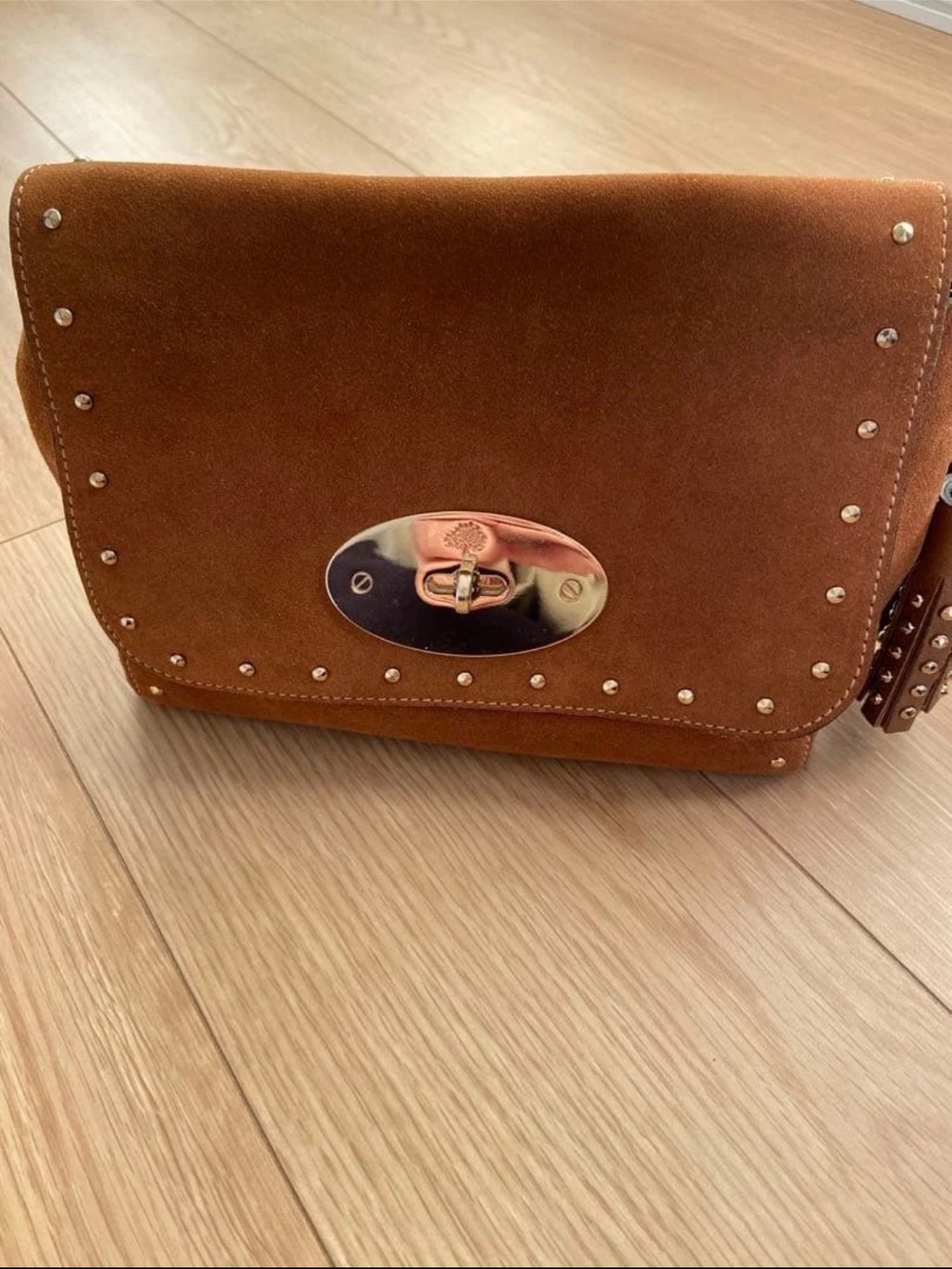 Mulberry Suede Studded Crossbody in Caramel Brown with Gold Hardware
